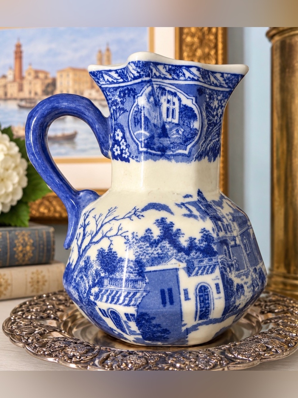 Vintage Blue & White Ironstone Pitcher – Scenic Transferware English Cottage